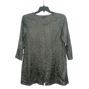 Eileen Fisher Silk Crinkle Button Front Shirt Size Large Silver Metallic Tunic